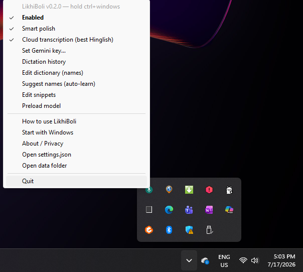 LikhiBoli system-tray menu